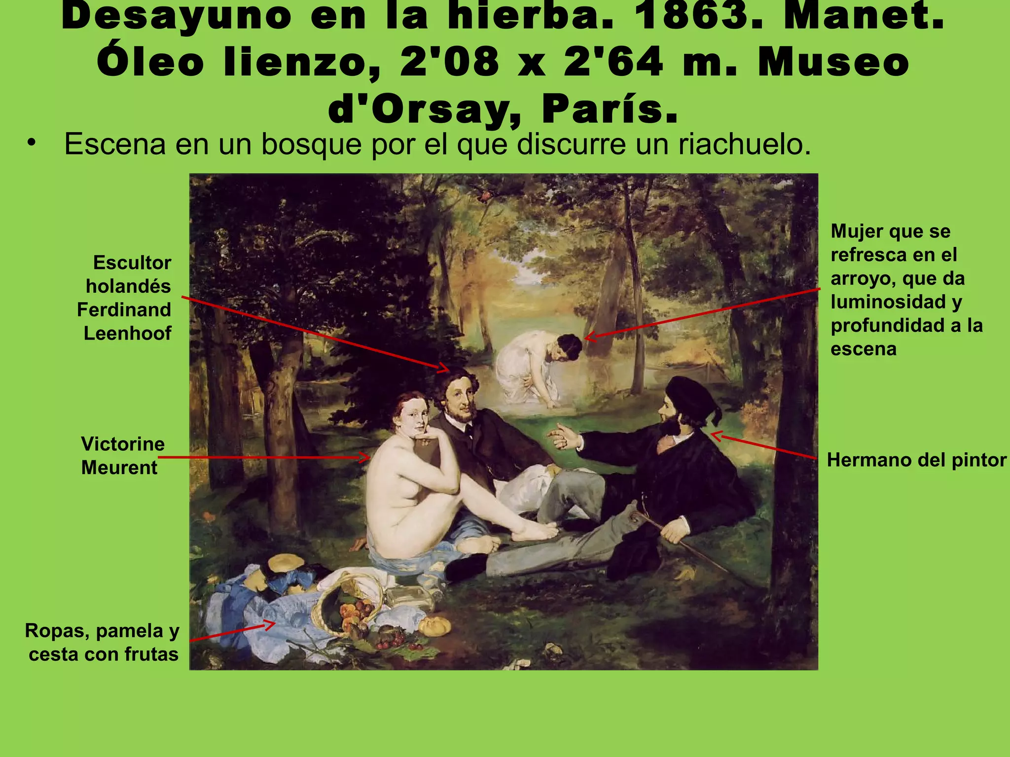 Desayuno en la hierba. 1863. Manet.
Óleo lienzo, 2'08 x 2'64 m. Museo
d'Orsay, París.
• Escena en un bosque por el que discurre un riachuelo.
Hermano del pintor
Escultor
holandés
Ferdinand
Leenhoof
Victorine
Meurent
Mujer que se
refresca en el
arroyo, que da
luminosidad y
profundidad a la
escena
Ropas, pamela y
cesta con frutas
 