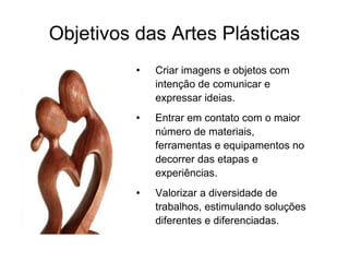 Objetivos das Artes Plásticas Criar imagens e objetos com intenção de comunicar e expressar ideias. Entrar em contato com o maior número de materiais, ferramentas e equipamentos no decorrer das etapas e experiências. Valorizar a diversidade de trabalhos, estimulando soluções diferentes e diferenciadas. 