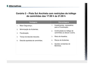 Alternativas
Vantagens Desvantagens
1. Maior Segurança ;
2. Minimização de Acidentes;
3. Fiscalização;
4. Tempo de descida reduzido;
5. Descida apartada de caminhões;
1. Investimentos necessários
para a Fiscalização;
2. Continuidade do tráfego de
caminhões ao descer a serra;
3. Risco de Assaltos;
4. Riscos de Acidentes;
5. Quedas constantes de
Barreiras;
Cenário 2 – Pista Sul Anchieta com restrições do tráfego
de caminhões das 17:00 h às 21:00 h
 