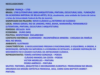 NEOCLASSICISMO
ORIGEM: FRANÇA – 1750
BRASIL: 1768 (LITERATURA) 1808 (ARQUITETURA, PINTURA, ESCULTURA) 1826, FUNDAÇÃO
DA ACADEMIA IMPERIAL DE BELAS-ARTES, RJ (é, atualmente, uma unidade do Centro de Letras
e Artes da Universidade Federal do Rio de Janeiro).
SIGNIFICADO DA PALAVRA: NOVO CLÁSSICO ou RETORNO AO CLÁSSICO
LOCAL: MINAS GERAIS, RIO DE JANEIRO, PARÁ, BAHIA, MARANHÃO, PERNAMBUCO
(LITERATURA, PINTURA, ESCULTURA E ARQUITETURA)
PERÍODO: SÉCULOS XVIII
ECONOMIA : OURO (MG)
POLÍTICA: DESPOTISMO ESCLARECIDO
CONTEXTO HISTÓRICO: ILUMINISMO - INCONFIDÊNCIA MINEIRA - CHEGADA DA FAMÍLIA
REAL NO BRASIL
AMBIENTE: ILUSTRADO
CARACTERÍSTICAS: O NEOCLASSICISMO PREGAVA O RACIONALISMO, O EQUILÍBRIO, A ORDEM, A
MODERAÇÃO, IMITAÇÃO DA NATUREZA E A ECONOMIA DE DETALHES. A GRANDE INSPIRAÇÃO DO
MOVIMENTO FOI O LEGADO CULTURAL DA ANTIGUIDADE CLÁSSICA.
REPRESENTANTES: TOMÁS ANTONIO GONZAGA – POESIA
CLÁUDIO MANOEL DA COSTA – POESIA
VICTOR MEIRELLES – PINTURA
PEDRO AMÉRICO – PINTURA
MUITOS PINTORES, ARQUITETOS E DECORADORES EUROPEUS PRODUZIRAM NO BRASIL
ORIUNDOS DA MISSÃO ARTÍSTICA FRANCESA, 1816, COMO JEAN-BAPTISTE DEBRET -
PINTURA.
 