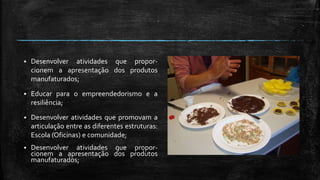  Desenvolver atividades que propor-
cionem a apresentação dos produtos
manufaturados;
 Educar para o empreendedorismo e a
resiliência;
 Desenvolver atividades que promovam a
articulação entre as diferentes estruturas:
Escola (Oficinas) e comunidade;
 Desenvolver atividades que propor-
cionem a apresentação dos produtos
manufaturados;
 