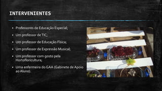 INTERVENIENTES
 Professores de Educação Especial;
 Um professor deTIC;
 Um professor de Educação Física;
 Um professor de Expressão Musical;
 Um professor com gosto pela
Hortofloricultura;
 Uma enfermeira do GAA (Gabinete de Apoio
ao Aluno).
 