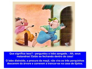 Que significa isso? - perguntou o lobo zangado. - Ah, seus malandros! Estão se fechando dentro de casa! O lobo distraído, a procura da maçã, não vira os três porquinhos descerem da árvore e correrem a trancar-se na casa de tijolos. 