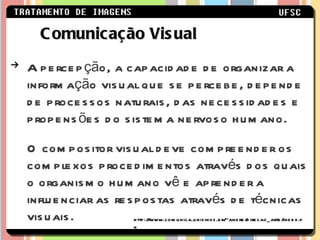 A percepção, a capacidade de organizar a informação visual que se percebe, depende de processos naturais, das necessidades e propensões do sistema nervoso humano.  O compositor visual deve compreender os complexos procedimentos através dos quais o organismo humano vê e aprender a influenciar as respostas através de técnicas visuais.  Comunicação Visual http://www.comunica.unisinos.br/~andre/direcao_arte/index.ph 