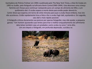 Ganhadora do Prêmio Pulitzer em 1994 e publicada pelo The New York Times, a foto foi tirada em 
1993 no Sudão, pelo fotógrafo sul-africano Kevin Carter(1960-1994). Esta descreve uma criança 
faminta sem forças para continuar rastejando para um campo de alimento da ONU, a um 
quilômetro dali. O urubu espera a morte desta para então poder devorá-la. 
Carter disse que esperou em torno de vinte minutos para que o urubu fosse embora, mas isto 
não aconteceu. Então rapidamente tirou a foto e fez o urubu fugir dali, açoitando-o. Em seguida, 
saiu dali o mais rápido possível. 
O fotógrafo criticou duramente sua postura por apenas fotografar, mas não ajudar, a pequena 
garota: “Um homem ajustando suas lentes para tirar o melhor enquadramento de sofrimento 
dela talvez também seja um predador, outro urubu na cena.”, teria dito. 
Um ano depois o fotógrafo, em profunda depressão, suicidou-se. 
 