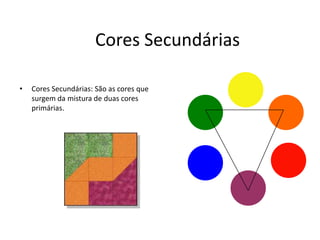 Cores Secundárias

•   Cores Secundárias: São as cores que
    surgem da mistura de duas cores
    primárias.
 