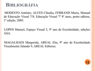 BIBLIOGRÁFIA
MODESTO António, ALVES Cláudia, FERRAND Maria, Manual
de Educação Visual 7/8, Educação Visual 7º 8º anos, porto editora,
1ª edição, 2005.
LOPES Manuel, Espaço Visual 3, 9º ano de Escolaridade, edições
ASA.
MAGALHAES Margarida, AREAL Zita, 9º ano de Escolaridade
Visualmente falando 9, AREAL Editores.
13
 