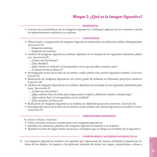 Bloque 2. ¿Qué es la imagen figurativa?

	                                                          PROPÓSITOS
     • Conocer las características de las imágenes figurativas y distinguir algunas de sus variantes a través
       de representaciones realistas y no realistas.

	                                                          CONTENIDOS
     • Observación y comparación de imágenes figurativas elaboradas con diferentes estilos, distinguiendo:
       Apreciación (1)
         – Imágenes realistas.
         – Imágenes no realistas.
     • Análisis de imágenes figurativas realistas, fijándose en el manejo de los siguientes elementos plásti-
       cos: Apreciación (2)
         – ¿Cómo son las formas?
         – ¿Hay detalles?
         – ¿Qué colores se utilizan? ¿Corresponden con lo que perciben nuestros ojos?
         – ¿Cuántas texturas observo?
     • Investigación acerca de la obra de un artista o estilo artístico de carácter figurativo realista. Contextua-
       lización (3)
     • Realización de imágenes figurativas con cierto grado de realismo en diferentes proyectos creativos.
       Expresión (4)
     • Análisis de imágenes figurativas no realistas, fijándose en el manejo de los siguientes elementos plás-
       ticos: Apreciación (5)
         – ¿Cómo son las formas?
         – ¿Qué cambios hizo el artista para representar el sujeto? ¿Deformó, omitió o añadió algo?
         – ¿Qué colores hay? ¿Corresponden con la realidad?
         – ¿Hay texturas? ¿Cómo son?
     • Realización de imágenes figurativas no realistas en diferentes proyectos creativos. Expresión (6)
     • Investigación acerca de la obra de un artista o estilo artístico de carácter figurativo no realista. Contex-
       tualización (7)

	                                                          APRENDIZAJES ESPERADOS
    Al concluir el bloque, el alumno:
     • Utiliza diversos recursos visuales para crear imágenes figurativas.
     • Identifica los elementos plásticos de imágenes figurativas realistas y no realistas.
     • Identifica la obra de algún artista mexicano o extranjero que se ubique en el ámbito de lo figurativo.

	                                                          COMENTARIOS Y SUGERENCIAS DIDÁCTICAS

1)	 Las imágenes figurativas realistas son aquellas que representan de manera detallada la apariencia ex-
    terna de los objetos, los lugares o las personas, tratando de imitar sus rasgos, proporciones, colores y

                                                                                                                      43
 