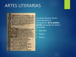 ARTES LITERARIAS
Las obras literarias tienen
como elemento la
manipulación de la palabra
escrita que puede ser leída o
escuchada.
 Narrativa
 Poesía
 Drama
 