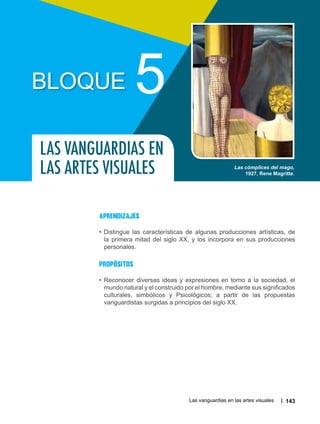 Las vanguardias en las artes visuales 143
Aprendizajes
• Distingue las características de algunas producciones artísticas, de
la primera mitad del siglo XX, y los incorpora en sus producciones
personales.
Propósitos
• Reconocer diversas ideas y expresiones en torno a la sociedad, el
mundo natural y el construido por el hombre, mediante sus significados
culturales, simbólicos y Psicológicos; a partir de las propuestas
vanguardistas surgidas a principios del siglo XX.
Las cómplices del mago,
1927, Rene Magritte.
5
BLOQUE
LAS VANGUARDIAS EN
LAS ARTES VISUALES
 