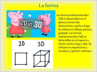La forma
Las formas bidimensionales
(2d) se desarrollan en el
plano y tienen dos
dimensiones, anchoy largo.
Se utilizan en dibujo, pintura,
grabado. Lasformas
tridimensionales (3d) se
desarrollan en el espacio y
tienen ancho,largo y alto. Se
utilizan en arquitectura y
escultura, y poseen volumen.
 