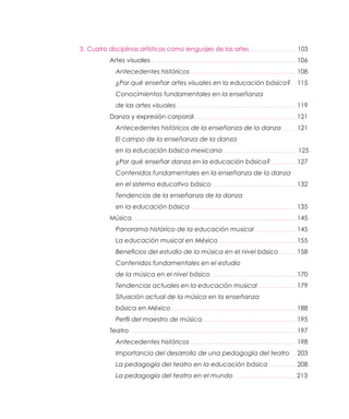 3. Cuatro disciplinas artísticas como lenguajes de las artes          103
          Artes visuales                                              106
            Antecedentes históricos                                   108
            ¿Por qué enseñar artes visuales en la educación básica?   115
            Conocimientos fundamentales en la enseñanza
            de las artes visuales                                     119
          Danza y expresión corporal                                  121
            Antecedentes históricos de la enseñanza de la danza       121
            El campo de la enseñanza de la danza
            en la educación básica mexicana                           125
            ¿Por qué enseñar danza en la educación básica?            127
            Contenidos fundamentales en la enseñanza de la danza
            en el sistema educativo básico                            132
            Tendencias de la enseñanza de la danza
            en la educación básica                                    135
          Música                                                      145
            Panorama histórico de la educación musical                145
            La educación musical en México                            155
            Beneficios del estudio de la música en el nivel básico    158
            Contenidos fundamentales en el estudio
            de la música en el nivel básico                           170
            Tendencias actuales en la educación musical               179
            Situación actual de la música en la enseñanza
            básica en México                                          188
            Perfil del maestro de música                              195
          Teatro                                                      197
            Antecedentes históricos                                   198
            Importancia del desarrollo de una pedagogía del teatro    203
            La pedagogía del teatro en la educación básica            208
            La pedagogía del teatro en el mundo                       213
 