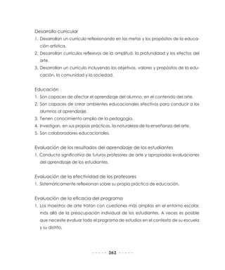 Desarrollo curricular
1.	 Desarrollan un currículo reflexionando en las metas y los propósitos de la educación artística.
2.	 Desarrollan currículos reflexivos de la amplitud, la profundidad y los efectos del
arte.
3.	 Desarrollan un currículo incluyendo los objetivos, valores y propósitos de la educación, la comunidad y la sociedad.

Educación
1.	 Son capaces de afectar el aprendizaje del alumno, en el contenido del arte.
2.	Son capaces de crear ambientes educacionales efectivos para conducir a los
alumnos al aprendizaje.
3.	 Tienen conocimiento amplio de la pedagogía.
4.	 Investigan, en sus propias prácticas, la naturaleza de la enseñanza del arte.
5.	 Son colaboradores educacionales.

Evaluación de los resultados del aprendizaje de los estudiantes
1. Conducta significativa de futuros profesores de arte y apropiadas evaluaciones
del aprendizaje de los estudiantes.

Evaluación de la efectividad de los profesores
1.	 Sistemáticamente reflexionan sobre su propia práctica de educación.

Evaluación de la eficacia del programa
1.	Los maestros de arte tratan con cuestiones más amplias en el entorno escolar,
más allá de la preocupación individual de los estudiantes. A veces es posible
que necesite evaluar todo el programa de estudios en el contexto de su escuela
y su distrito.

262

 
