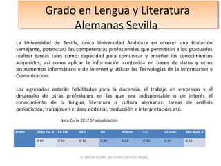 Grado en Lengua y Literatura
Alemanas Sevilla
Grado en Lengua y Literatura
Alemanas Sevilla
La Universidad de Sevilla, única Universidad Andaluza en ofrecer una titulación
semejante, potenciará las competencias profesionales que permitirán a los graduados
realizar tareas tales como: capacidad para comunicar y enseñar los conocimientos
adquiridos, así como aplicar la información contenida en bases de datos y otros
instrumentos informáticos y de Internet y utilizar las Tecnologías de la Información y
Comunicación.
Los egresados estarán habilitados para la docencia, el trabajo en empresas y el
desarrollo de otras profesiones en las que sea indispensable o de interés el
conocimiento de la lengua, literatura o cultura alemanas: tareas de análisis
periodístico, trabajos en el área editorial, traducción e interpretación, etc.
POND Dibjo Tec.II EC.EM GEO GII HªArte LAT Lit.Univ. Mat.Aplic II
0’10 0’10 0`10 0,20 0,20 0´20 0,20 0,10
D. ORIENTACIÓN IES PEDRO SOTO DE ROJAS
Nota Corte 2012.5ª adjudicación:
 