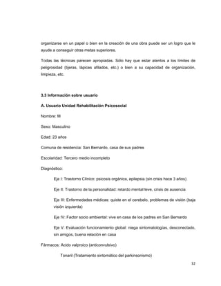 organizarse en un papel o bien en la creación de una obra puede ser un logro que le
ayude a conseguir otras metas superiores.

Todas las técnicas parecen apropiadas. Sólo hay que estar atentos a los límites de
peligrosidad (tijeras, lápices afilados, etc.) o bien a su capacidad de organización,
limpieza, etc.




3.3 Información sobre usuario

A. Usuario Unidad Rehabilitación Psicosocial

Nombre: M

Sexo: Masculino

Edad: 23 años

Comuna de residencia: San Bernardo, casa de sus padres

Escolaridad: Tercero medio incompleto

Diagnóstico:

       Eje I: Trastorno Clínico: psicosis orgánica, epilepsia (sin crisis hace 3 años)

       Eje II: Trastorno de la personalidad: retardo mental leve, crisis de ausencia

       Eje III: Enfermedades médicas: quiste en el cerebelo, problemas de visión (baja
       visión izquierda)

       Eje IV: Factor socio ambiental: vive en casa de los padres en San Bernardo

       Eje V: Evaluación funcionamiento global: niega sintomatologías, desconectado,
       sin amigos, buena relación en casa

Fármacos: Acido valproico (anticonvulsivo)

           Tonaril (Tratamiento sintomático del parkinsonismo)

                                                                                         32 
 
 