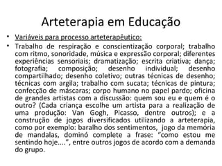Arteterapia em Educação
• Variáveis para processo arteterapêutico:
• Trabalho de respiração e conscientização corporal; trabalho
com ritmo, sonoridade, música e expressão corporal; diferentes
experiências sensoriais; dramatização; escrita criativa; dança;
fotografia; composição; desenho individual; desenho
compartilhado; desenho coletivo; outras técnicas de desenho;
técnicas com argila; trabalho com sucata; técnicas de pintura;
confecção de máscaras; corpo humano no papel pardo; oficina
de grandes artistas com a discussão: quem sou eu e quem é o
outro? (Cada criança escolhe um artista para a realização de
uma produção: Van Gogh, Picasso, dentre outros); e a
construção de jogos diversificados utilizando a arteterapia,
como por exemplo: baralho dos sentimentos, jogo da memória
de mandalas, dominó complete a frase: “como estou me
sentindo hoje....”, entre outros jogos de acordo com a demanda
do grupo.
 