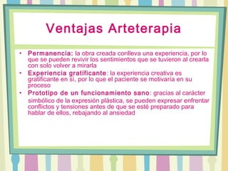 Ventajas Arteterapia
• Permanencia: la obra creada conlleva una experiencia, por lo
que se pueden revivir los sentimientos que se tuvieron al crearla
con solo volver a mirarla
• Experiencia gratificante: la experiencia creativa es
gratificante en sí, por lo que el paciente se motivaría en su
proceso
• Prototipo de un funcionamiento sano: gracias al carácter
simbólico de la expresión plástica, se pueden expresar enfrentar
conflictos y tensiones antes de que se esté preparado para
hablar de ellos, rebajando al ansiedad
 