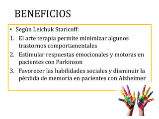 BENEFICIOS
• Según Lelchuk Staricoff:
1. El arte terapia permite minimizar algunos
trastornos comportamentales
2. Estimular respuestas emocionales y motoras en
pacientes con Parkinson
3. Favorecer las habilidades sociales y disminuir la
pérdida de memoria en pacientes con Alzheimer
 