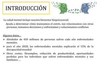INTRODUCCIÓN
La salud mental incluye nuestro bienestar biopsicosocial.
Ayuda a determinar cómo manejamos el estrés, nos relacionamos con otras
personas, tomamos decisiones y enfrentamos y solucionamos conflictos
Algunos datos…
 Alrededor de 450 millones de personas sufren cada año enfermedades
mentales.
 para el año 2020, las enfermedades mentales explicarán el 15% de la
discapacidad mundial
 Otros costes: Desempleo, reducción de productividad, oportunidades
perdidas para los individuos que sufren enfermedades mentales y sus
familiares …
 