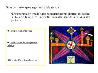Otras corrientes que surgen mas adelante son:
Arte terapia orientada hacia el existencialismo (Harriet Wadeson)
 La arte terapia es un medio para dar sentido a la vida del
paciente
 Orientación sistémica
 Orientación de integración
teórica
Orientación psicoeducativa
 