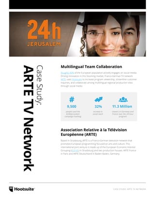 CASE STUDY: ARTE TV NETWORK
CaseStudy:
ARTETVNetwork
Multilingual Team Collaboration
Roughly 40% of the European population actively engages on social media.
Driving innovation in this booming market, Franco-German TV network
ARTE uses Hootsuite to increase program viewership, streamline customer
inquiries, and collaborate among multilingual regional production sites
through social media.
#
people used the
#24hJerusalem
campaign hashtag
increase in
social reach
viewers in Germany and
France over the 24-hour
program
9,500 32%
Association Relative à la Télévision
Européenne (ARTE)
Based in Strasbourg, ARTE is a Franco-German television network that
promotes European programming focused on arts and culture. This
international joint venture is made up of the European Economic Interest
Grouping (G.E.I.E.) in Strasbourg and two production houses: ARTE France
in Paris and ARTE Deutschland in Baden-Baden, Germany.
11.3 Million
 