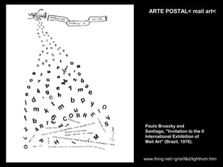 ARTE POSTAL< mail art<




Paulo Bruscky and
Santiago, "Invitation to the II
International Exhibition of
Mail Art" (Brazil, 1976).


www.thing.net/~grist/l&d/lighthom.htm
 