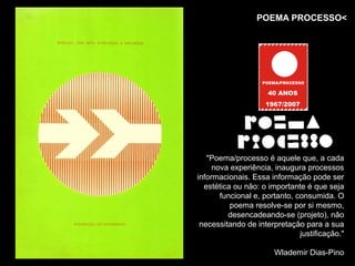 POEMA PROCESSO<




   "Poema/processo é aquele que, a cada
     nova experiência, inaugura processos
informacionais. Essa informação pode ser
  estética ou não: o importante é que seja
       funcional e, portanto, consumida. O
          poema resolve-se por si mesmo,
         desencadeando-se (projeto), não
 necessitando de interpretação para a sua
                               justificação."

                       Wlademir Dias-Pino
 