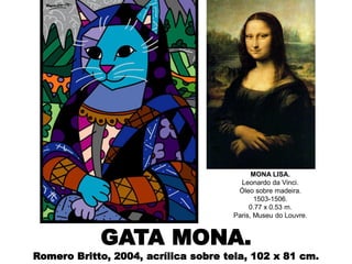 GATA MONA.
Romero Britto, 2004, acrílica sobre tela, 102 x 81 cm.
MONA LISA.
Leonardo da Vinci.
Óleo sobre madeira.
1503-1506.
0.77 x 0.53 m.
Paris, Museu do Louvre.
 