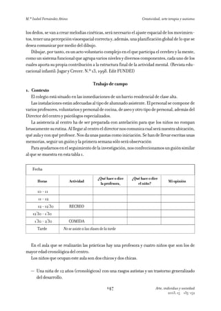 M.ª Isabel Fernández Añino                                              Creatividad, arte terapia y autismo


los dedos, se van a crear melodías cinéticas, será necesario el ajuste espacial de los movimien-
tos, tener una percepción visoespacial correcta y, además, una planificación global de lo que se
desea comunicar por medio del dibujo.
   Dibujar, por tanto, es un acto voluntario complejo en el que participa el cerebro y la mente,
como un sistema funcional que agrupa varios niveles y diversos componentes, cada uno de los
cuales aporta su propia contribución a la estructura final de la actividad mental. (Revista edu-
cacional infantil: Jugar y Crecer. N.º 13, 1998. Edit FUNDEI)

                                           Trabajo de campo
1. Contexto
    El colegio está situado en las inmediaciones de un barrio residencial de clase alta.
    Las instalaciones están adecuadas al tipo de alumnado asistente. El personal se compone de
varios profesores, voluntarios y personal de cocina, de aseo y otro tipo de personal, además del
Director del centro y psicólogos especializados.
    La asistencia al centro ha de ser preparada con antelación para que los niños no rompan
bruscamente su rutina. Al llegar al centro el director nos comunica cual será nuestra ubicación,
qué aula y con qué profesor. Nos da unas pautas como iniciación. Se han de llevar escritas unas
memorias, seguir un guión y la primera semana sólo será observación
    Para ayudarnos en el seguimiento de la investigación, nos confeccionamos un guión similar
al que se muestra en esta tabla 1.

    Fecha

                                               ¿Qué hace o dice   ¿Qué hace o dice
       Horas                 Actividad                                                   Mi opinión
                                                la profesora_        el niño?
       10 - 11
       11 - 12
       12 - 12´30            RECREO
    12´30 - 1´30
     1´30 - 2´30             COMIDA
       Tarde           No se asiste a las clases de la tarde


  En el aula que se realizarán las prácticas hay una profesora y cuatro niños que son los de
mayor edad cronológica del centro.
  Los niños que ocupan este aula son dos chicos y dos chicas.

   — Una niña de 12 años (cronológicos) con una rasgos autístas y un trastorno generalizado
     del desarrollo.

                                                     147                         Arte, individuo y sociedad
                                                                                         2003, 15   135-152
 