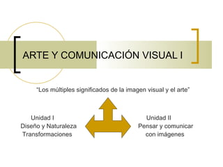 ARTE Y COMUNICACIÓN VISUAL I


     “Los múltiples significados de la imagen visual y el arte”



   Unidad I                                  Unidad II
Diseño y Naturaleza                        Pensar y comunicar
Transformaciones                             con imágenes
 