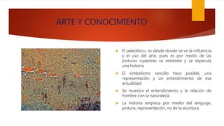 ARTE Y CONOCIMIENTO
 El paleolítico, es desde donde se ve la influencia
y el uso del arte, pues es por medio de las
pinturas rupestres se entiende y se especula
una historia.
 El simbolismo sencillo hace posible, una
representación y un entendimiento de esa
actualidad.
 Se muestra el entendimiento y la relación de
hombre con la naturaleza.
 La historia empieza por medio del lenguaje,
pintura, representación, no de la escritura.
 