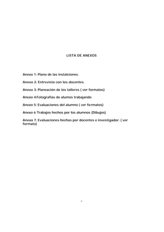 LISTA DE ANEXOS

Anexo 1: Plano de las instalciones.
Anexo 2: Entrevista con los docentes.
Anexo 3: Planeación de los talleres ( ver formatos)
Anexo 4:Fotografías de alumos trabajando
Anexo 5: Evaluaciones del alumno ( ver fo rmatos)
Anexo 6 Trabajos hechos por los alumnos (Dibujos)
Anexo 7: Evaluaciones hechas por docentes e investigador. ( ver
formato)

v

 