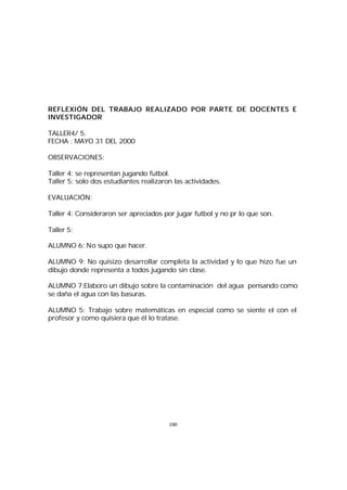 REFLEXIÓN DEL TRABAJO REALIZADO POR PARTE DE DOCENTES E
INVESTIGADOR
TALLER4/ 5.
FECHA : MAYO 31 DEL 2000
OBSERVACIONES:
Taller 4: se representan jugando futbol.
Taller 5: solo dos estudiantes realizaron las actividades.
EVALUACIÓN:
Taller 4: Consideraron ser apreciados por jugar futbol y no pr lo que son.
Taller 5:
ALUMNO 6: No supo que hacer.
ALUMNO 9: No quisizo desarrollar completa la actividad y lo que hizo fue un
dibujo donde representa a todos jugando sin clase.
ALUMNO 7:Elaboro un dibujo sobre la contaminación del agua pensando como
se daña el agua con las basuras.
ALUMNO 5: Trabajo sobre matemáticas en especial como se siente el con el
profesor y como quisiera que él lo tratase.

100

 