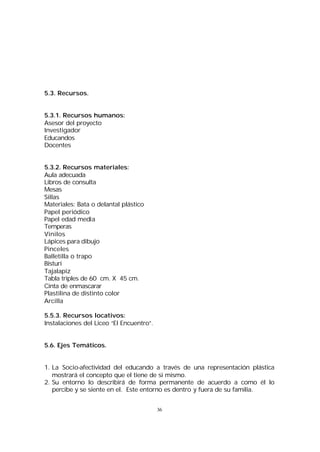 5.3. Recursos.
5.3.1. Recursos humanos:
Asesor del proyecto
Investigador
Educandos
Docentes
5.3.2. Recursos materiales:
Aula adecuada
Libros de consulta
Mesas
Sillas
Materiales: Bata o delantal plástico
Papel periódico
Papel edad media
Temperas
Vinilos
Lápices para dibujo
Pinceles
Balletilla o trapo
Bisturí
Tajalapiz
Tabla triples de 60 cm. X 45 cm.
Cinta de enmascarar
Plastilina de distinto color
Arcilla
5.5.3. Recursos locativos:
Instalaciones del Liceo “El Encuentro”.
5.6. Ejes Temáticos.
1. La Socio-afectividad del educando a través de una representación plástica
mostrará el concepto que el tiene de si mismo.
2. Su entorno lo describirá de forma permanente de acuerdo a como él lo
percibe y se siente en el. Este entorno es dentro y fuera de su familia.
36

 