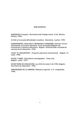 BIBLIOGRAFÍA

ANDER-EGG, Ezequiel. Diccionario del trabajo social. 8 ed. Mexico :
Ateneo, 1984.
El niño y la escuela dificultades escolares. Barcelona : Laerter, 1994
GUMERONEIRA, Hilda María. BENAVIDES CHAMORRO, Gemma Teresa.
Orientación y asesoría educativa. Tesis de grado( Magister de
orientación y asesoría educativa). Bogotá : Uniexternado. Facultad de
ciencias de la educación., 1978.
LICEO “EL ENCUENTRO”. Proyecto educativo institucional. Bogotá : El
autor, 1998.
PLAZA Y JANES. Diccionario enciclopédico. Tomo uno,
Bogotá : autor, 1974.
SECRETARÍA DE EDUCACIÓN. Ley 2343 de Junio 5 de 1996. Bogotá :
Secretaría de educación., 1996.
UNIVERSIDAD DE LA SABANA. Didáctica especial. A. P. compendio.
1998.

51

 