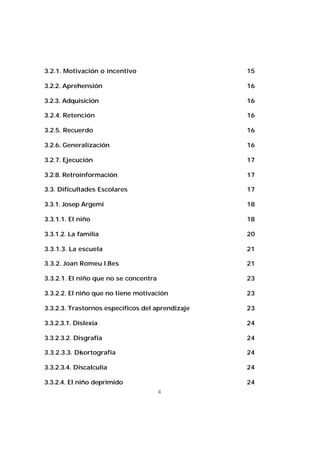 3.2.1. Motivación o incentivo

15

3.2.2. Aprehensión

16

3.2.3. Adquisición

16

3.2.4. Retención

16

3.2.5. Recuerdo

16

3.2.6. Generalización

16

3.2.7. Ejecución

17

3.2.8. Retroinformación

17

3.3. Dificultades Escolares

17

3.3.1. Josep Argemí

18

3.3.1.1. El niño

18

3.3.1.2. La familia

20

3.3.1.3. La escuela

21

3.3.2. Joan Romeu I.Bes

21

3.3.2.1. El niño que no se concentra

23

3.3.2.2. El niño que no tiene motivación

23

3.3.2.3. Trastornos específicos del aprendizaje

23

3.3.2.3.1. Dislexia

24

3.3.2.3.2. Disgrafía

24

3.3.2.3.3. Disortografía

24

3.3.2.3.4. Discalculia

24

3.3.2.4. El niño deprimido

24
ii

 