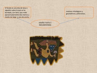 El fondo es una tela de lana o
algodón sobre la que se ha
                                                   motivos mitológicos y
bordado, con lana, que mide
                                                   geométricos, polícromos.
aproximadamente dos metros y
medio de largo y uno de ancho

                                 DISEÑO TEXTIL E
                                 INDUMENTARIA
 