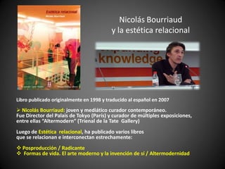 Nicolás Bourriaud
                                          y la estética relacional




Libro publicado originalmente en 1998 y traducido al español en 2007
 Nicolás Bourriaud: joven y mediático curador contemporáneo.
Fue Director del Palais de Tokyo (París) y curador de múltiples exposiciones,
entre ellas “Altermodern” (Trienal de la Tate Gallery)
Luego de Estética relacional, ha publicado varios libros
que se relacionan e interconectan estrechamente:
 Posproducción / Radicante
 Formas de vida. El arte moderno y la invención de sí / Altermodernidad
 