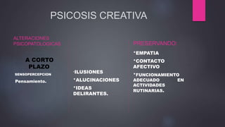 PSICOSIS CREATIVA
ALTERACIONES
PSICOPATOLOGICAS PRESERVANDO:
A CORTO
PLAZO
SENSOPERCEPCION
Pensamiento.
*ILUSIONES
*ALUCINACIONES
*IDEAS
DELIRANTES.
*EMPATIA
*CONTACTO
AFECTIVO
*FUNCIONAMIENTO
ADECUADO EN
ACTIVIDADES
RUTINARIAS.
 