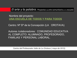 Nombre del proyecto:
UNA ESCUELA DE TODOS Y PARA TODOS

Centro: Nª Sª de la Concepción (LA OROTAVA)

Autores /colaboradores: COMUNIDAD EDUCATIVA
AL COMPLETO: ALUMNADO, PROFESORADO,
FAMILIAS Y PERSONAL LABORAL.



   Centro del Profesorado Valle de La Orotava ( mayo de 2012).
 