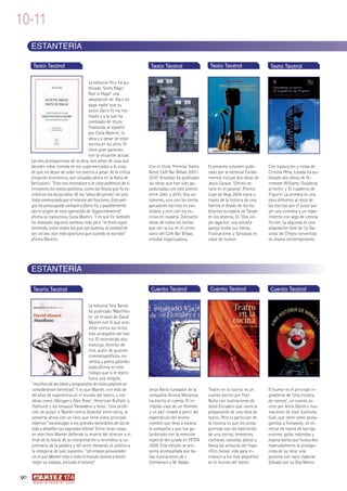 10-11
     ESTANTERÍA

      Texto Teatral                                                 Texto Teatral                   Texto Teatral                   Texto Teatral

                                        La editorial Hiru ha pu-
                                        blicado ‘Sotto Paga!
                                        Non si Paga!’ una
                                        adaptación de ‘Aquí no
                                        paga nadie’ que su
                                        autor, Dario Fo ha rea-
                                        lizado y a la que ha
                                        cambiado de título.
                                        Traducida al español
                                        por Carla Mateini, la
                                        obra y a pesar de estar
                                        escrita en los años 70
                                        tiene gran parecido
                                        con la situación actual.
     Las dos protagonistas de la obra, dos amas de casa que
     deciden robar comida en los supermercados a la vista          Con el título ‘Premios Teatro   El presente volumen publi-      Con traducción y notas de
     de que no dejan de subir los precios a pesar de la crítica    Breve Café Bar Bilbao 2001-     cado por la editorial Funda-    Cristina Peña, Losada ha pu-
     situación económica, son situadas ahora en la Italia de       2010’ Artezblai ha publicado    mentos incluye dos obras de     blicado dos obras de Te-
     Berlusconi. “Esto nos reconduce a la vieja polémica de si     las obras que han sido ga-      Jesús Carazo. ‘Último ve-       nnessee Williams, ‘Escaleras
     envejecen los textos políticos, como las farsas que Fo es-    lardonadas con este premio      rano en el paraíso’, Premio     al techo’ y ‘El cuaderno de
     cribió en los duros años 70, los “años del plomo” en una      entre 2001 y 2010. Dos vo-      Lope de Vega 2004 narra a       Trigorin’. La primera es una
     Italia amenazada por el rebrote del fascismo. Este peli-      lúmenes, uno con los textos     través de la historia de una    obra diferente al resto de
     gro ha preocupado siempre a Dario Fo, y posiblemente          ganadores escritos en cas-      familia el éxodo de los ha-     las escritas por el autor por
     sea el origen de esta operación de “aggiornamento”            tellano y otro con los es-      bitantes europeos de Tánger     ser una comedia y un expe-
     afirma la traductora, Carla Mateini. Y es que Fo también      critas en euskera. Dieciocho    en los sesenta. En ‘Dos vie-    rimento con algo de ciencia
     ha realizado algunos cambios más pero “el texto sigue         obras de todos los estilos      jos lagartos’ una extraña       ficción. La segunda es una
     teniendo, como todos los que son buenos, la calidad de        que ven la luz en el cente-     pareja revela sus fobias,       adaptación libre de ‘La Ga-
     ser, tal vez, aún más oportuno que cuando se escribió"        nario del Café Bar Bilbao,      frustraciones y fantasías en    viota’ de Chéjov convertida
     afirma Mateini.                                               entidad organizadora.           clave de humor.                 en drama contemporáneo.




     ESTANTERÍA

      Teoría Teatral                                                Cuento Teatral                  Cuento Teatral                  Cuento Teatral

                                        La editorial Seix Barral
                                        ha publicado ‘Manifies-
                                        to’ un ensayo de David
                                        Mamet con el que arre-
                                        mete contra los mitos
                                        más arraigados del tea-
                                        tro. El reconocido dra-
                                        maturgo, director de
                                        cine, autor de guiones
                                        cinematográficos, no-
                                        velista y poeta galardo-
                                        nado afirma en este
                                        trabajo que si el teatro
                                        fuera una religión,
     “muchas de las ideas y propuestas de estas páginas se
     considerarían heréticas”. Y es que Mamet, con más de          Jesús Nieto fundador de la      ‘Teatro en la cocina’ es un     El humor es el principal in-
     40 años de experiencia en el mundo del teatro, y con          compañía Onírica Mecánica       cuento escrito por Fran         grediente de ‘Una historia
     obras como ‘Glengarry Glen Rose’, ‘American Buffalo’ o        ha escrito el cuento ‘El in-    Nuño con ilustraciones de       de narices’, un cuento es-
     ‘Edmond’ y los ensayos ‘Verdadero y falso’, ‘Una profe-       trépido viaje de un Hombre      Jesús Escudero que narra la     crito por Anna Obiols e ilus-
     sión de putas’ o ‘Bambi contra Godzilla’ entre otros, se      y un pez’ creado a partir del   preparación de una obra de      traciones de Joan Subirana,
     presenta ahora con un libro que tiene como principal          espectáculo del mismo           teatro. Pero lo particular de   Subi, que tiene como prota-
     objetivo ”excomulgar a los grandes sacerdotes de las ta-      nombre que llevó a escena       la historia es que los prota-   gonista a Tomasote, un di-
     blas y desafiar sus sagradas biblias”. Entre otras cosas,     la compañía y que fue ga-       gonistas son los habitantes     rector de teatro de barriga
     en este libro Mamet defiende la muerte del director o el      lardonado con la mención        de una cocina; tenedores,       enorme, gafas redondas y
     final de la teoría de la interpretación y reivindica la su-   especial del jurado en FETEN    cucharas, cazuelas, platos y    espesa barba que busca des-
     premacía de la palabra y del actor elevando al público a      2009. Esta edición se pre-      hasta las verduras del frigo-   esperadamente al protago-
     la categoría de juez supremo. “Un ensayo provocador           senta acompañada por be-        rífico toman vida para in-      nista de su obra: una
     en el que Mamet reta a todo el mundo teatral a hacer          llas ilustraciones de I.        troducir a los más pequeños     persona con nariz especial.
     mejor su trabajo, incluido él mismo”.                         Cemborain y M. Nadal.           en el mundo del teatro.         Editado por La Osa Menor.


90
      w w w. a r t e z b l a i . c o m
 