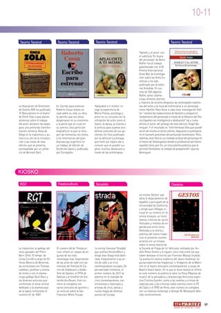 10-11

 Teoría Teatral                  Teoría Teatral                  Teoría Teatral                                              Teoría Teatral

                                                                                                ‘Hamlet y el actor’ con
                                                                                                el subtítulo ‘En busca
                                                                                                del personaje’ de Denis
                                                                                                Rafter fue el trabajo
                                                                                                galardonado con el III
                                                                                                Premio Internacional
                                                                                                Artez Blai de Investiga-
                                                                                                ción sobre las Artes Es-
                                                                                                cénicas y ha sido
                                                                                                publicado por la edito-
                                                                                                rial Artezblai. En sus
                                                                                                más de 500 páginas
                                                                                                Rafter, actor, drama-
                                                                                                turgo, director, escritor
                                                                                                y maestro de actores desgrana las necesidades expresi-
La Asociación de Directores     En ‘Escribo para estrenar’      ‘Apláudete a ti mismo’ re-      vas del actor a la hora de enfrentarse a un personaje
de Escena ADE ha publicado      Roberto Cossa realiza un        coge la experiencia de          como Hamlet. Para llevar a cabo esta investigación Raf-
‘El Naturalismo en el teatro’   viaje sobre su vida, su obra,   Monia Presta, psicóloga y       ter “rastreó las traducciones de Hamlet y comparó el
de Émile Zola cuyos plante-     la opinión que sus obras        actriz en su consulta con la    tratamiento del personaje a través de la Historia del Tea-
amientos sobre el trabajo       despertaron en su momento       utilización de artes como el    tro Español con inteligencia y dedicación” tal y como
del actor sentaron las bases    y la gente que se cruzó en      teatro, la danza, la música o   afirma el autor del prólogo de esta edición, Ángel Be-
para una profunda transfor-     su camino. Una particular       la pintura para superar pro-    renguer. Y el resultado es “este hermoso libro que puede
mación artística. Rosa de       biografía en la que se reco-    blemas comunes de sus pa-       servir de mucho al lector atento, dispuesto a sumergirse
Diego es la traductora y au-    gen las memorias, los textos    cientes. Un libro publicado     en el tsunami proceloso del personaje hamletiano. Pero,
tora a su vez de la introduc-   y los testimonios del gran      por la editorial Luciérnaga     además, este libro es un tratado actoral del personaje en
ción y las notas de esta        dramaturgo argentino en         que tiene por objeto dar a      el teatro de Shakespeare donde el profesional del teatro
edición que se presenta         un trabajo de edición de        conocer que se pueden su-       español tiene, por fin, un instrumento práctico que le
acompañada por un prefa-        Guillermo Gasió y publicado     perar muchos obstáculos a       permite formalizar su trabajo de preparación” apunta
cio de Bernard Dort.            por Corregidor.                 través de las arteterapias.     Berenguer.




KIOSKO

 RGT                             Fiestacultura                   Stradda                                                      Gestos

                                                                                                La revista ‘Gestos’ que
                                                                                                edita el departamento de
                                                                                                español y portugués de la
                                                                                                Universidad de California
                                                                                                y dirige Juan Villegas in-
                                                                                                cluye en su número 51 di-
                                                                                                versos ensayos, un texto
                                                                                                teatral, crónicas de varios
                                                                                                festivales y reseñas de es-
                                                                                                pectáculos entre otros.
                                                                                                Dedicada a la teoría y
                                                                                                práctica del teatro hispá-
                                                                                                nico el presente número
                                                                                                arranca con un ensayo
                                                                                                sobre la teoría teatral de
La traducción al gallego del    El número 48 de ‘Fiestacul-     La revista francesa ‘Stradda’   la Escuela de Praga de Jirí Veltrusky realizado por An-
texto ganador del Premi         tura’ ofrece un repaso de al-   que publica HorsLesMurs y       drés Pérez-Simón y le siguen cinco más entre los que
Born 2010, ‘O tempo’ de         gunas de las citas              dirige Jean Diago está dedi-    caben destacar el escrito por Francesc Massip titulado
Lluïsa Cunillé a cargo de Al-   veraniegas más importantes      cada íntegramente a las ar-     ‘La puesta en escena hodierna del teatro medieval: al-
fonso Becerra de Becerreá,      de las artes de calle con las   tes de calle y al circo         gunas experiencias hispánicas’ o ‘Imágenes de la Malin-
las entrevistas con Thomas      crónicas del Festival Al Ca-    contemporáneo europeo. De       che en el teatro mexicano contemporáneo’ a cargo de
Leabhart, profesor y artista    rrer de Viladecans o Kalde-     periodicidad trimestral, el     Beatriz Aracil Varón. En lo que al texto teatral se refiere
de mimo y con el drama-         Arte de Gasteiz, el FETA de     primer número de 2011 se        en este número se publica la obra ‘La Roca (Páginas de
turgo gallego Raúl Dans y       Gdansk y el VivaCité de Sot-    adentra en la realidad de       mujer)’ de la pensadora y dramaturga feminista argen-
los diversos artículos que      teville.Lès-Rouen. Este nú-     circo contemporáneo, con        tina Cristina Escofet. Junto a las reseñas y críticas de
conforman el tema central       mero se completa con            entrevistas y reportajes a      espectáculos y las crónicas sobre eventos como el FIT
dedicado a la dramaturgia       varios artículos de opinión y   artistas de circo, danza y      de Cádiz o el FITEI de Porto, este número se completa
de la ópera conforman el        un artículo sobre la San        nueva magia de diversos         con un extenso homenaje a George W. Woodyard falle-
número 67 de ‘RGT’.             Francisco Mime Troupe.          puntos de Europa.               cido recientemente.


                                                                                                                                                                   91
                                                                                                                                w w w. a r t e z b l a i . c o m
 