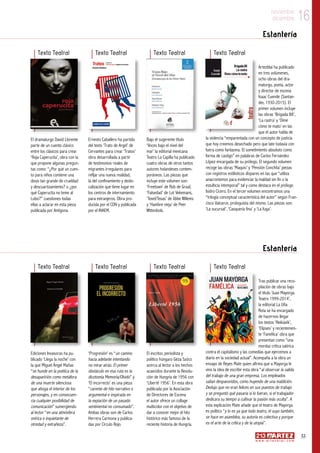 16noviembre
diciembre
53
w w w . a r t e z b l a i . c o m
16noviembre
diciembre
Estantería
Estantería
Tras publicar una reco-
pilación de obras bajo
el título ‘Juan Mayorga.
Teatro 1999-2014’,
la editorial La Uña
Rota se ha encargado
de hacernos llegar
los textos ‘Reikiavik’,
‘Elipses’ y recientemen-
te ‘Famélica’ obra que
presentan como “una
mordaz crítica satírica
contra el capitalismo y las comedias que ejercemos a
diario en la sociedad actual”. Acompaña a la obra un
ensayo de Reyes Mate quien afirma que a Mayorga le
vino la idea de escribir esta obra “al observar la salida
del trabajo de una gran empresa. Los empleados
salían despavoridos, como huyendo de una maldición.
Dedujo que no eran felices en sus puestos de trabajo
y se preguntó qué pasaría si lo fueran, si el trabajador
dedicara su tiempo a cultivar la pasión más oculta”. A
esta explicación Mate añade que el teatro de Mayorga
es político “y lo es ya que todo teatro, el suyo también,
se hace en asamblea, su autoría es colectiva y porque
es el arte de la crítica y de la utopía”.
Texto Teatral
El escritor, periodista y
político húngaro Géza Szócs
acerca al lector a los hechos
acaecidos durante la Revolu-
ción de Hungría de 1956 con
‘Liberté 1956’. En esta obra
publicada por la Asociación
de Directores de Escena
el autor ofrece un collage
multicolor con el objetivo de
dar a conocer mejor el hito
histórico más famoso de la
reciente historia de Hungría.
Texto Teatral
‘Progresión’ es “un camino
hacia adelante intentando
no mirar atrás. El primer
obstáculo en esa ruta es la
dicotomía Memoria/Olvido” y
‘El incorrecto’ es una pieza
“carente de hilo narrativo o
argumental e inspirada en
la expiación de un pasado
sentimental no consumado”.
Ambas obras son de Carlos
Herrera Carmona y publica-
das por Círculo Rojo.
Texto TeatralTexto Teatral
Ediciones Invasoras ha pu-
blicado ‘Llega la noche’ con
la que Miguel Ángel Mañas
“se hunde en la poética de la
desaparición como metáfora
de una muerte silenciosa
que ahoga el interior de los
personajes, y en consecuen-
cia cualquier posibilidad de
comunicación” sumergiendo
al lector “en una atmósfera
onírica e inquietante de
otredad y extrañeza”.
El dramaturgo David Llorente
parte de un cuento clásico
entre los clásicos para crear
‘Roja Caperucita’, obra con la
que propone algunas pregun-
tas como: “¿Por qué un cuen-
to para niños contiene una
dosis tan grande de crueldad
y descuartizamiento? o ¿por
qué Caperucita no teme al
Lobo?” cuestiones todas
ellas a aclarar en esta pieza
publicada por Antígona.
Ernesto Caballero ha partido
del texto ‘Trato de Argel’ de
Cervantes para crear ‘Tratos’
obra desarrollada a partir
de testimonios reales de
migrantes irregulares para
refljar una nueva realidad,
la del confinamiento y deslo-
calización que tiene lugar en
los centros de internamiento
para extranjeros. Obra pro-
ducida por el CDN y publicada
por el INAEM.
Bajo el sugerente título
‘Voces bajo el nivel del
mar’ la editorial mexicana
Teatro La Capilla ha publicado
cuatro obras de otros tantos
autores holandeses contem-
poráneos. Las piezas que
incluye este volumen son:
‘Freetown’ de Rob de Graaf,
‘Falsedad’ de Lot Vekemans,
‘Texel/Texas’ de Jibbe Willems
y ‘Hambre vieja’ de Peer
Wittenbols.
Artezblai ha publicado
en tres volúmenes,
ocho obras del dra-
maturgo, poeta, actor
y director de escena
Isaac Cuende (Santan-
der, 1930-2015). El
primer volumen incluye
las obras ‘Brigada 88’,
‘La rastra’ y ‘Dime
cómo te mato’ en las
que el autor habla de
la violencia “emparentada con un concepto de justicia
que hoy creemos desechado pero que late todavía con
fuera como fantasma. El sometimiento absoluto como
forma de castigo” en palabras de Carlos Fernández
López encargada de su prólogo. El segundo volumen
recoge las obras ‘Maquis’ y ‘Pensión Conchita’ piezas
con registros estilísticos dispares en las que “utiliza
anacronismos para evidenciar la maldad sin fin o la
estulticia intemporal” tal y como destaca en el prólogo
Isidro Cicero. En el tercer volumen encontramos una
“trilogía conceptual característica del autor” según Fran-
cisco Valcarce, prologuista del mismo. Las piezas son:
‘La sucursal’, ‘Casquería fina’ y ‘La fuga’.
Texto TeatralTexto TeatralTexto TeatralTexto Teatral
 