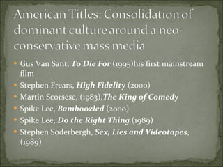 Gus Van Sant,  To Die For  (1995)his first mainstream film Stephen Frears,  High Fidelity  (2000) Martin Scorsese, (1983), The King of Comedy Spike Lee,  Bamboozled  (2000) Spike Lee,  Do the Right Thing  (1989) Stephen Soderbergh,  Sex, Lies and Videotapes , (1989) 