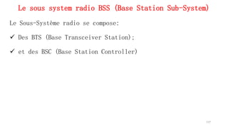 Le sous system radio BSS (Base Station Sub-System)
Le Sous-Système radio se compose:
 Des BTS (Base Transceiver Station);
 et des BSC (Base Station Controller)
117
 