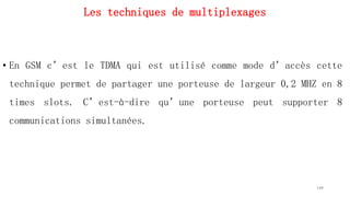 Les techniques de multiplexages
• En GSM c’est le TDMA qui est utilisé comme mode d’accès cette
technique permet de partager une porteuse de largeur 0,2 MHZ en 8
times slots. C’est-à-dire qu’une porteuse peut supporter 8
communications simultanées.
149
 