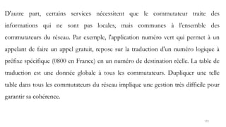 172
D'autre part, certains services nécessitent que le commutateur traite des
informations qui ne sont pas locales, mais communes à l'ensemble des
commutateurs du réseau. Par exemple, l'application numéro vert qui permet à un
appelant de faire un appel gratuit, repose sur la traduction d'un numéro logique à
préfixe spécifique (0800 en France) en un numéro de destination réelle. La table de
traduction est une donnée globale à tous les commutateurs. Dupliquer une telle
table dans tous les commutateurs du réseau implique une gestion très difficile pour
garantir sa cohérence.
 