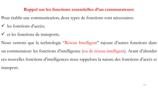 174
Rappel sur les fonctions essentielles d’un commutateurs:
Pour établir une communication, deux types de fonctions sont nécessaires:
 les fonctions d’accès;
 et les fonctions de transports.
Nous verrons que la technologie ‘’Réseau Intelligent’’ rajoute d’autres fonctions dans
un commutateur: les fonctions d’intelligence (ou de réseau intelligent). Avant d’aborder
ces nouvelles fonctions d’intelligences nous rappelons la nature des fonctions d’accès et
transport.
 
