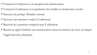 179
 Connecter L’utilisateur à un récepteur de numérotation
 Connecter L’utilisateur à un générateur de tonalité ou d’annonces vocales
 Envoyer un prompt (Tonalité sonore)
 Envoyer une annonce vocale à L’utilisateur.
 Recevoir les caractères composés par T utilisateur
 Router un appel (traduire une numérotation reçue en numéro de route sur lequel
l’appel doit être acheminé)
 