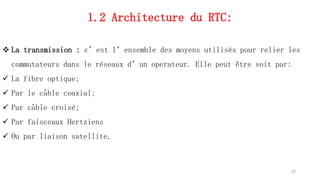1.2 Architecture du RTC:
 La transmission : c’est l’ensemble des moyens utilisés pour relier les
commutateurs dans le réseaux d’un operateur. Elle peut être soit par:
 La fibre optique;
 Par le câble coaxial;
 Par câble croisé;
 Par faisceaux Hertziens
 Ou par liaison satellite.
27
 
